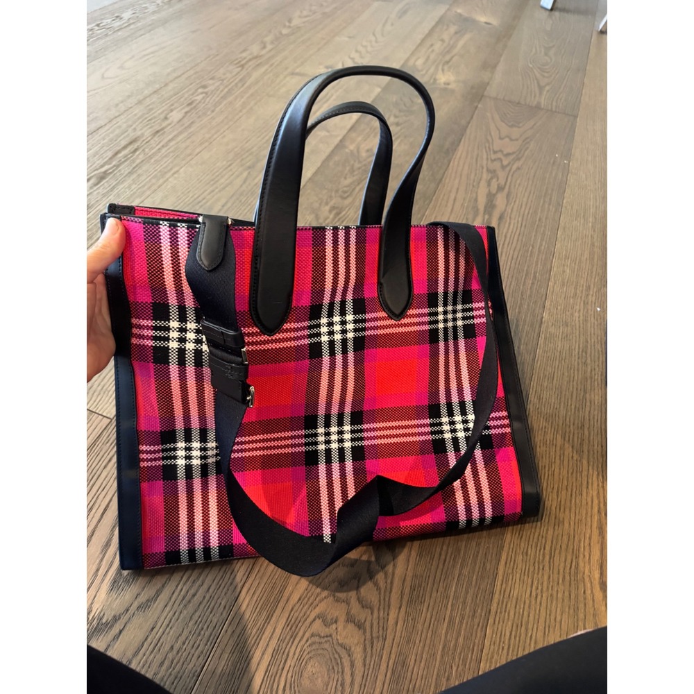 Kate Spade Pink Red Plaid Tote Bag Large Crossbody Shoulder Bag Black Trim - Picture 2 of 4